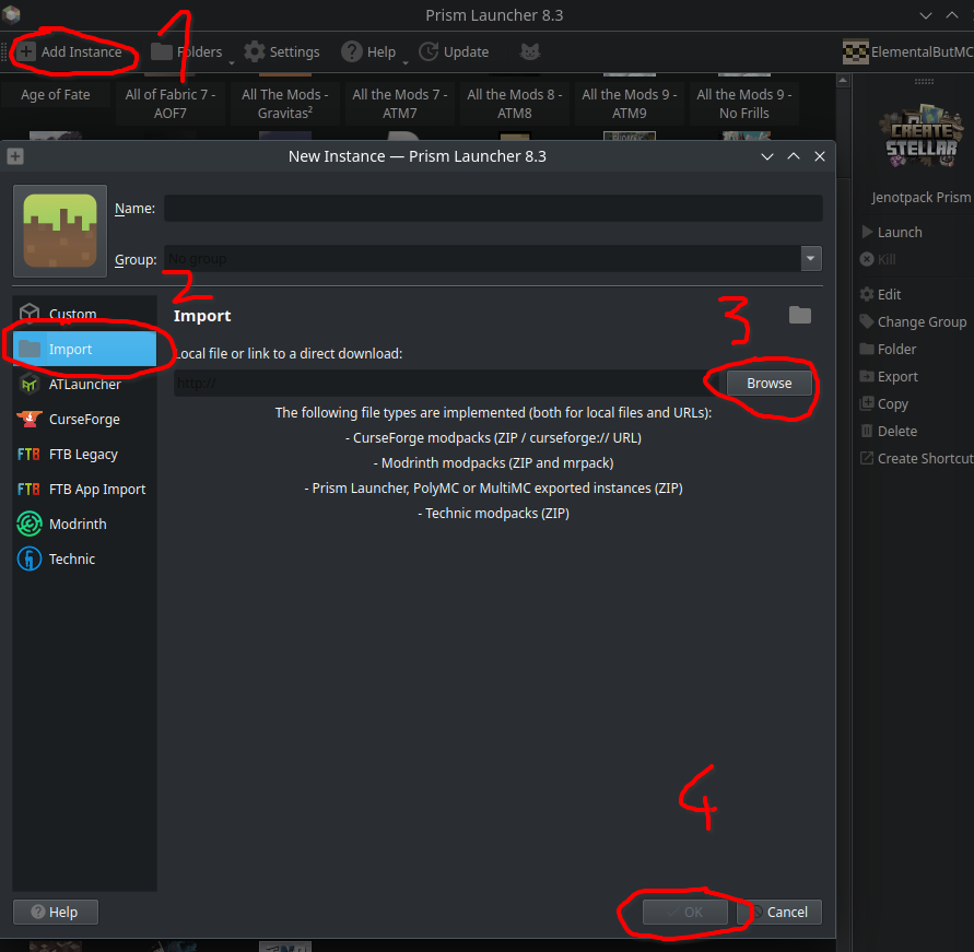 Importowanie paczki w Prism Launcherze: wciśnij na górnym pasku Add Instance i w okienku, które wyskoczy, Import (po lewej), Browse (po prawej), wybierz pobraną paczkę, OK (na dole).