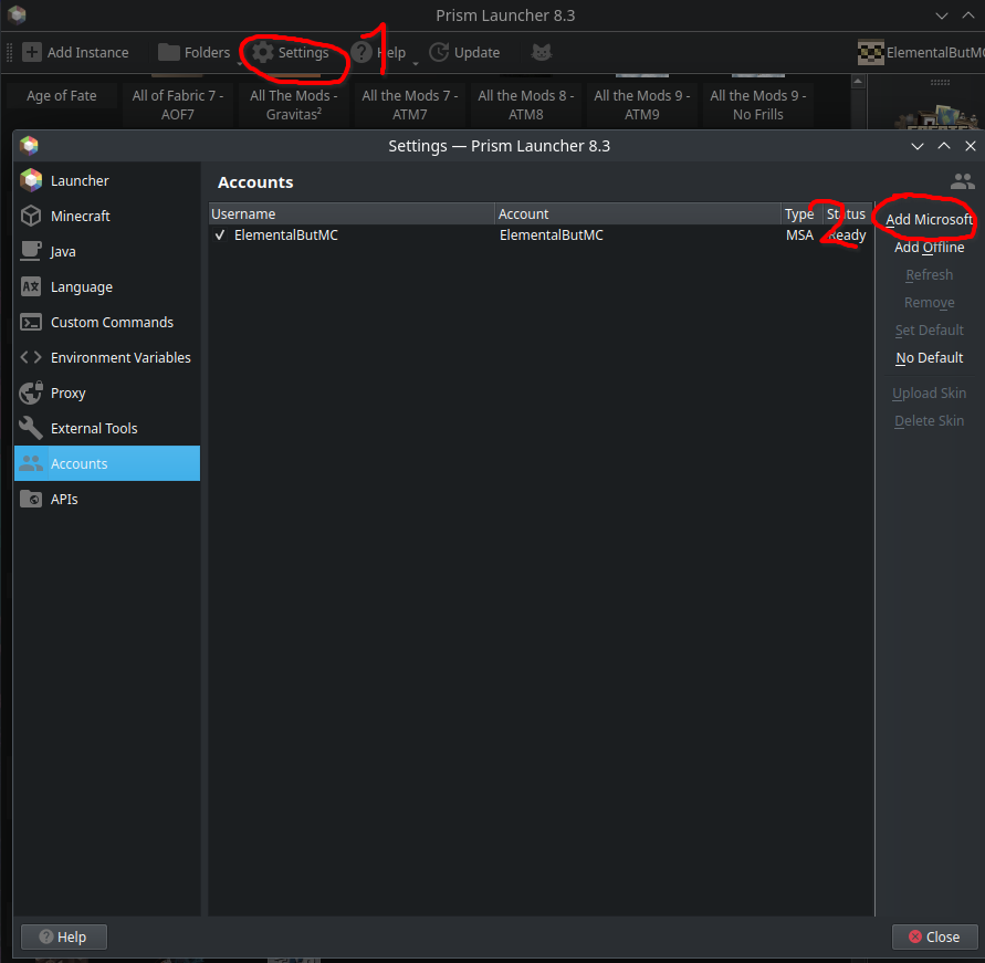 Logowanie w Prism Launcherze: wciśnij na górnym pasku Settings i w okienku, które wyskoczy, Add Microsoft (po prawej).