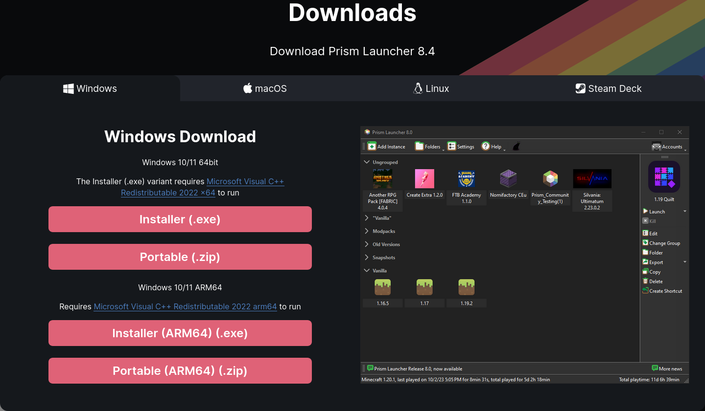 Strona Prism Launchera, pokazująca dostępne platformy: Windows, macOS, Linux i, z jakiegoś powodu, osobno Steam Deck.